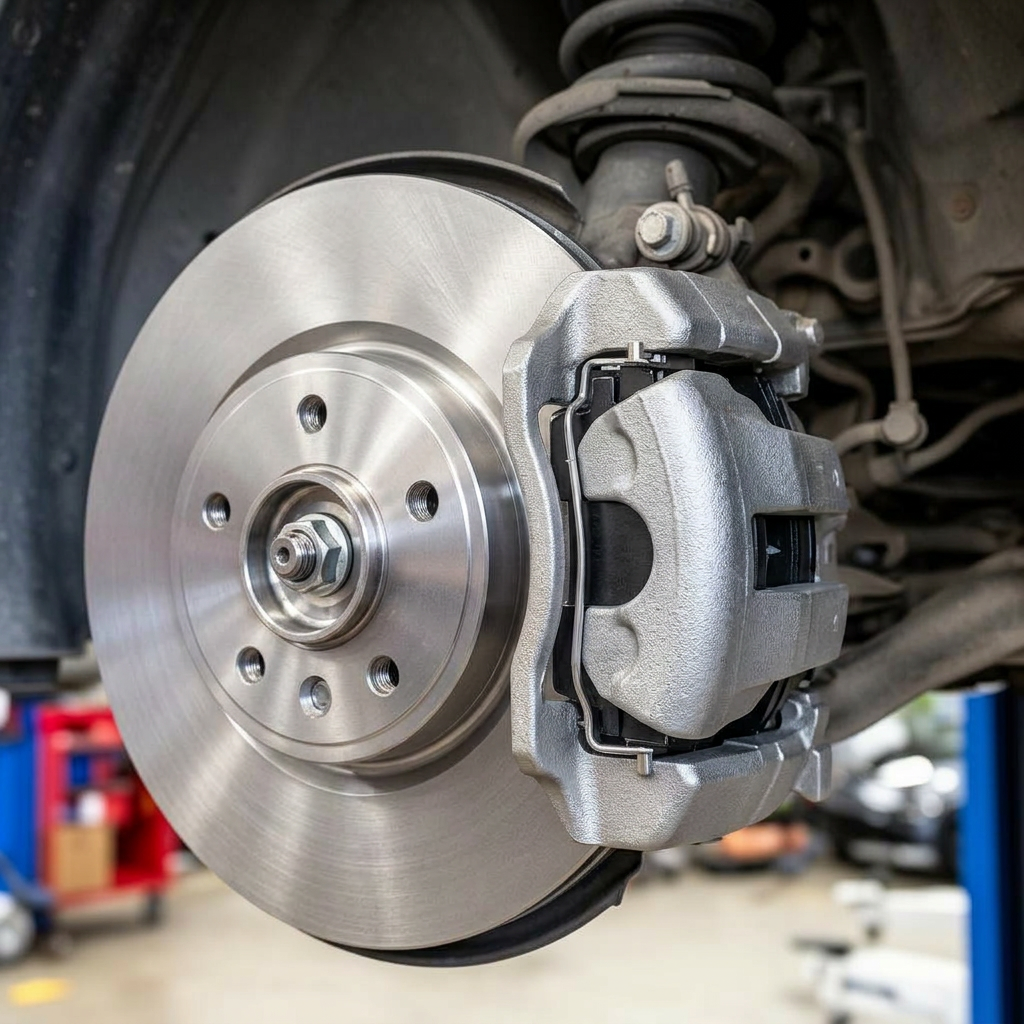 New brake rotor and pads after service at Sauder's Automotive