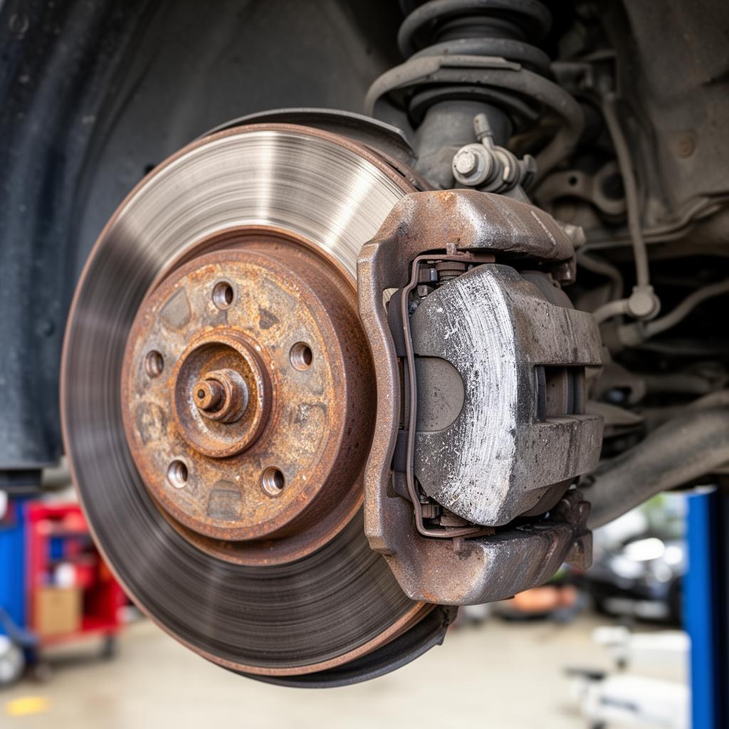 Worn, rusted brake rotor and pads before service at Sauder's Automotive