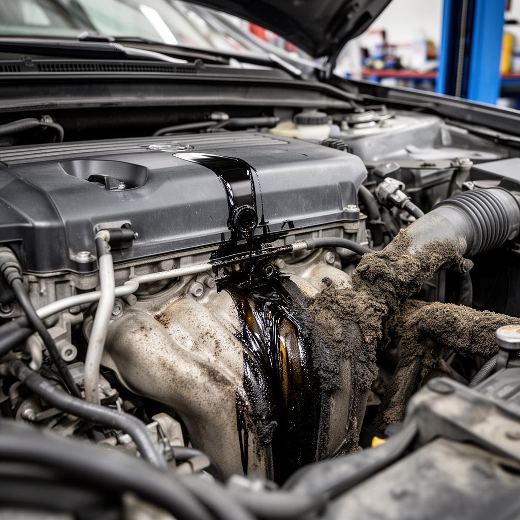 Engine with active oil leak before service at Sauder's Automotive